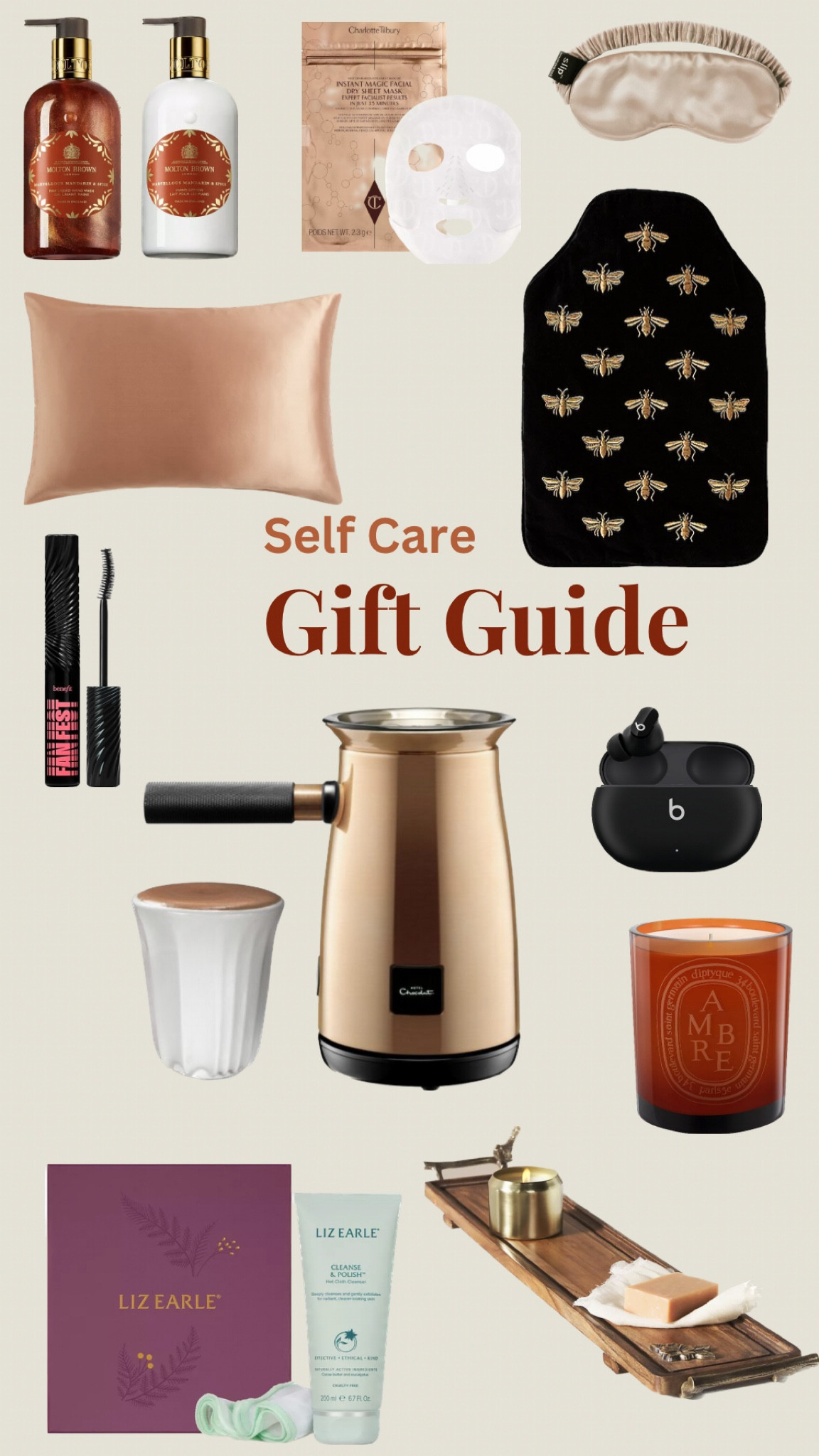 This gift guide provides everything you need for self care and wellness. All the items needed for pampering yourself including make up and skincare products, home accessories like silk pillowcases and candles and bath boards 

#LTKSeasonal #LTKGiftGuide #LTKhome