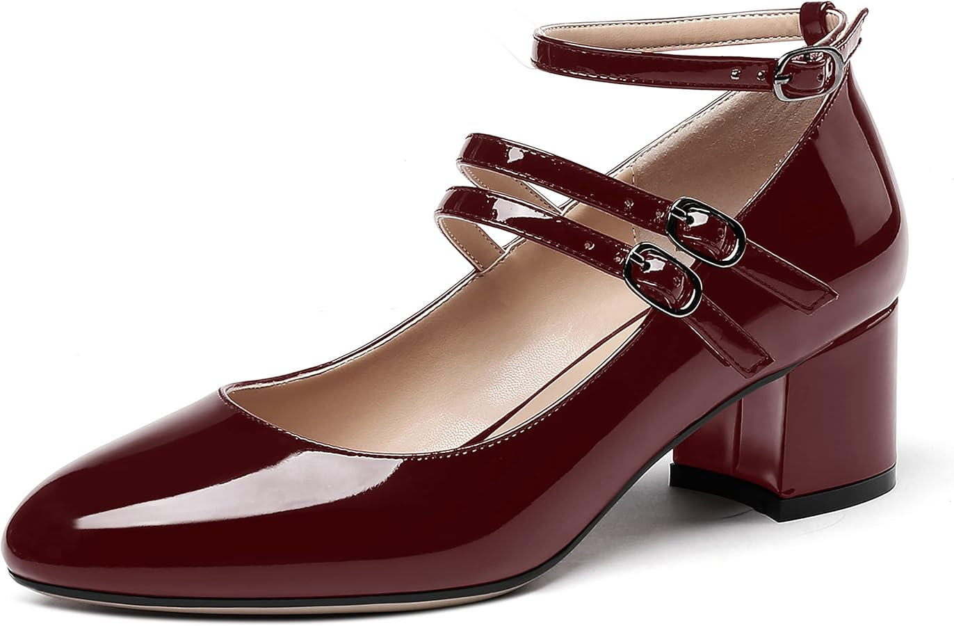 WAYDERNS Women's Block Ankle Strap Mary Jane Round Toe Patent Buckle Chunky Low Heel Pumps Cute D... | Amazon (CA)