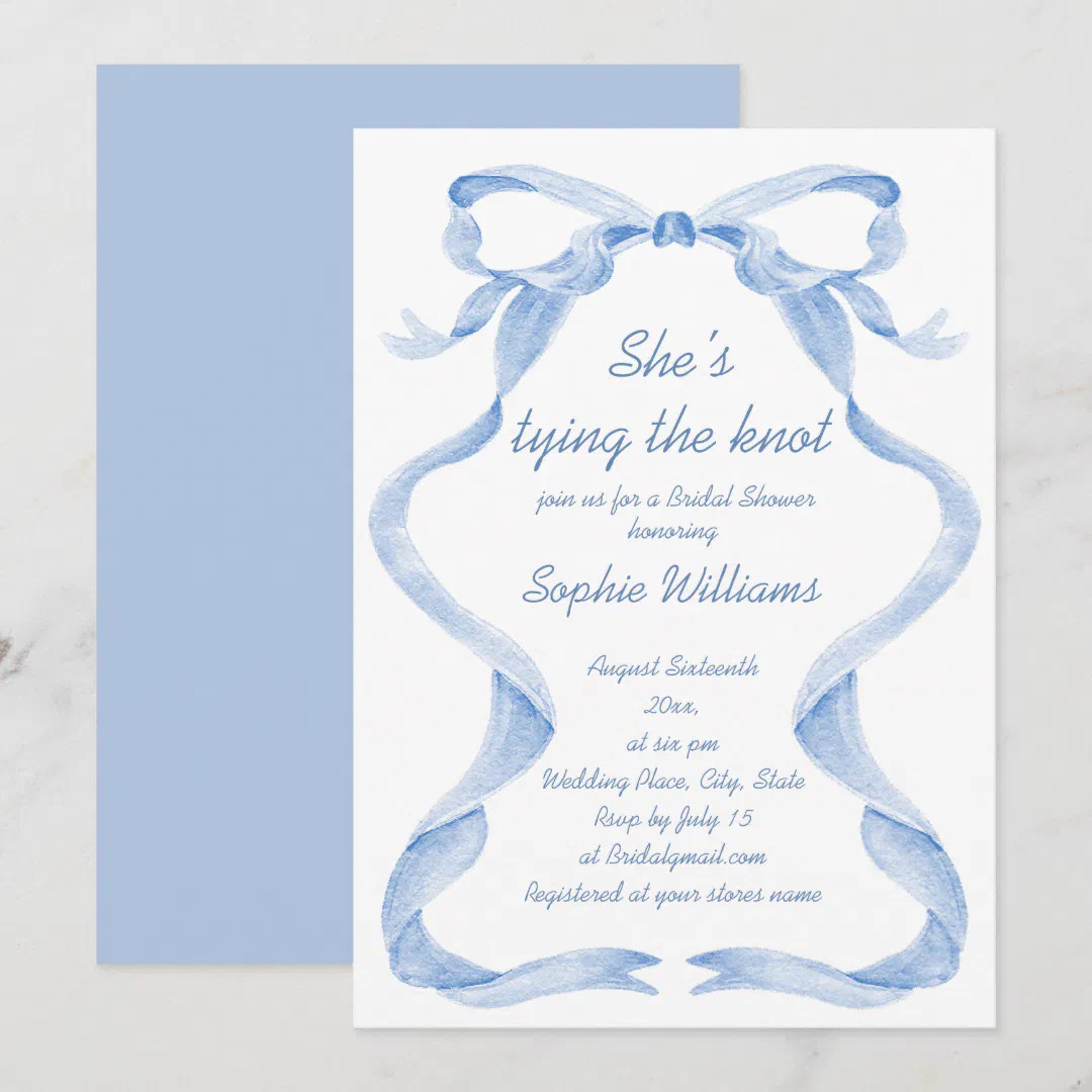 Elegant Dusty Blue Hand Drawn Bow Bridal Shower Invitation | Zazzle