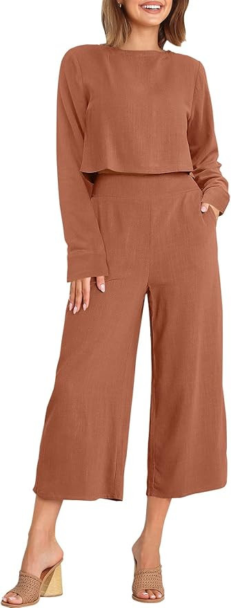 Prinbara Women's Long Sleeve 2 Piece Outfits Set Casual Cropped Length Pants with Pockets | Amazon (US)