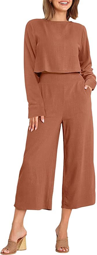Prinbara Women's Long Sleeve 2 Piece Outfits Set Casual Cropped Length Pants with Pockets | Amazon (US)