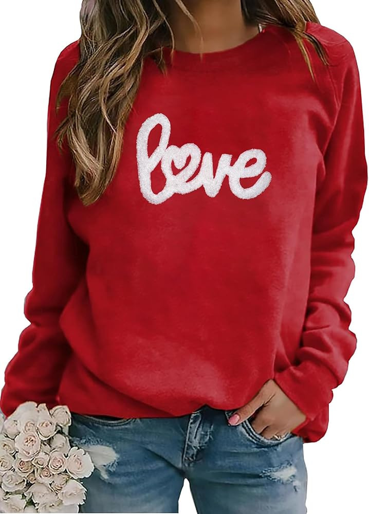 Valentines Day Sweatshirts for Women Love Chenille Heart Embroidered Sweatshirt Valentines Day Gi... | Amazon (US)