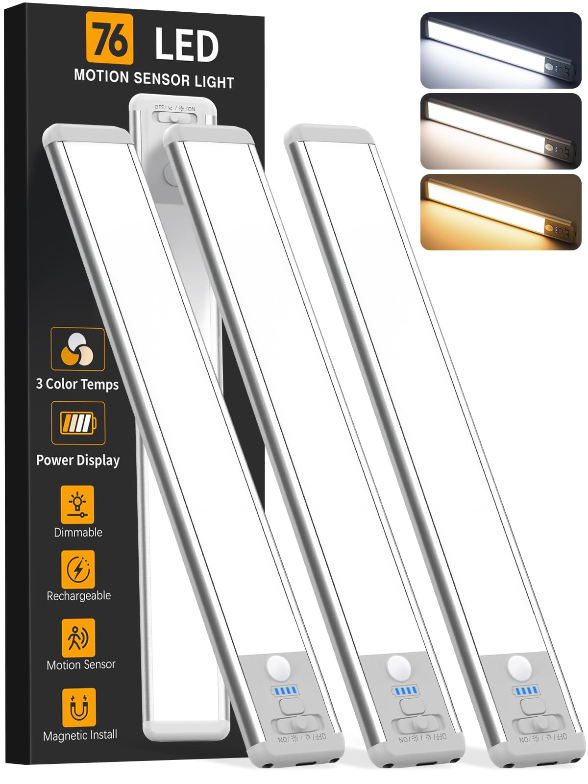 Under Cabinet Lighting Wireless, Rechargeable Motion Sensor Light Indoor, 3 Color Dimmable Closet... | Amazon (US)
