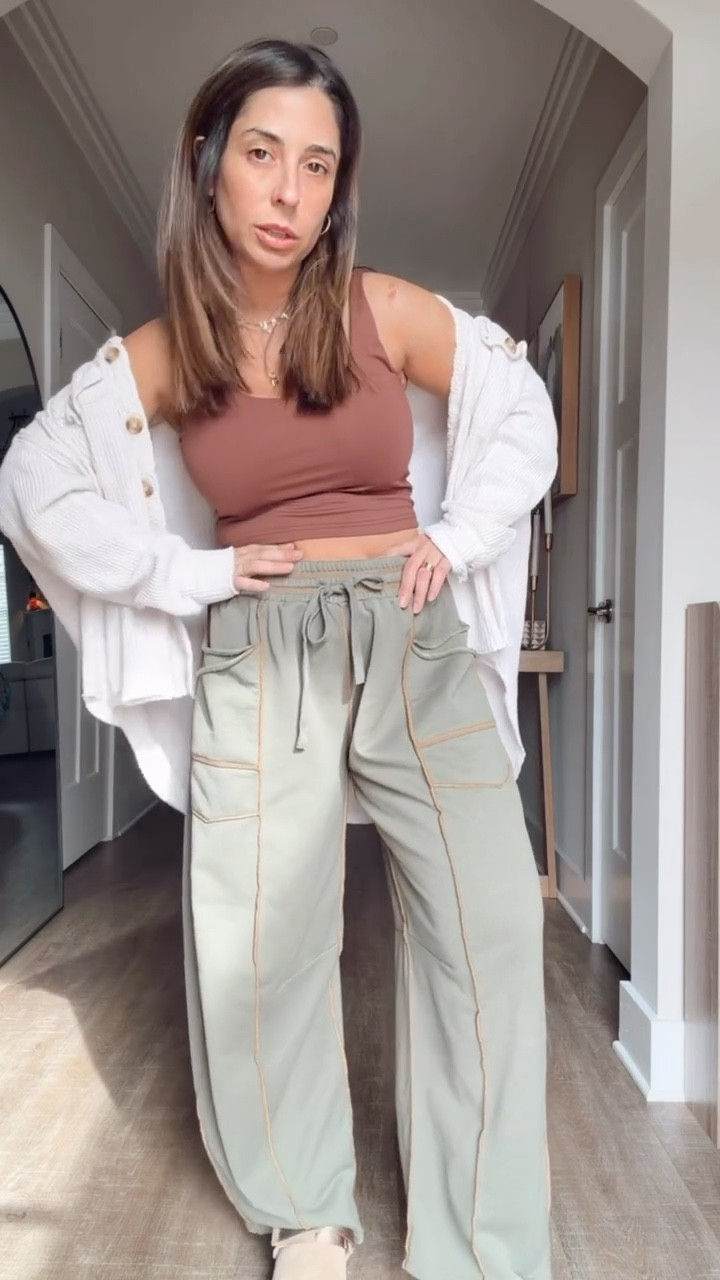 Cute, comfy and park ranger vibes are what I’m giving off today. I can’t say I’m mad about this adorable look. These pants are such a good length and I’m loving the contrast stitching. I do a size medium to make sure they are a bit oversized and relaxed fit and this brown tank top is a must.
Affordable mom outfit inspo, casual mom outfit inspo 

#LTKSeasonal #LTKPetite #LTKMidsize