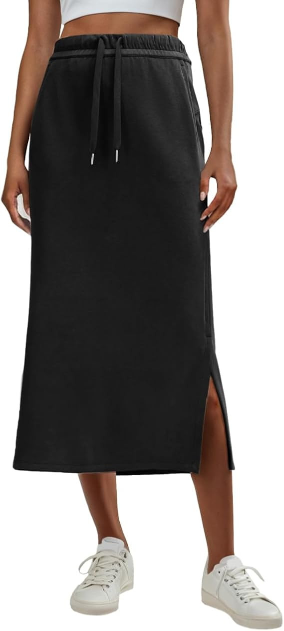 Lepunuo Casual Maxi Skirts for Womens High Waist Trendy Drawstring Side Slit Skirts with Pockets | Amazon (US)