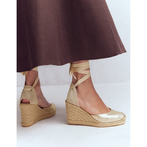 Boden Metallic Gold Espadrille Wedges Ribbon Ankle Tie Made in Spain Size 38 | Poshmark