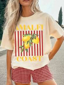 Casual Plain Color Lemon Fruit Print Short Sleeve Regular T-Shirt, Simple And Versatile For Summer | SHEIN