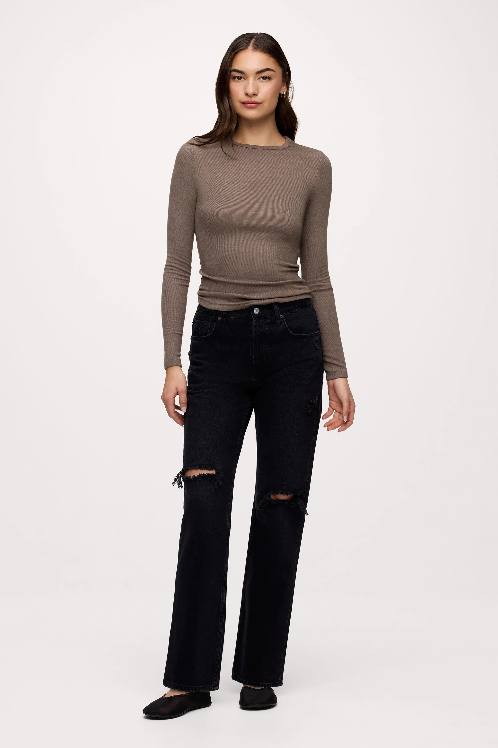 Slinky Rib Long Sleeve Shirt | Mocha | Nuuds US