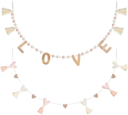 DN DECONATION Double Layer Valentine Banner Garland with Wood Love Letters, Pink White Beads Tass... | Amazon (US)