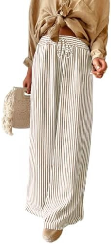 Acelitt Women Casual Drawstring Elastic Waist Striped Wide Leg Pants with Pockets, S-XXL | Amazon (US)
