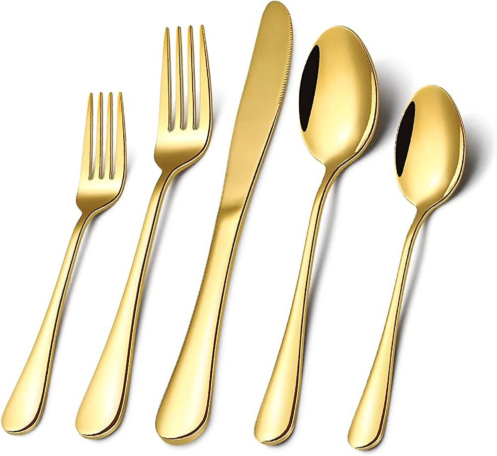 Gold Silverware Flatware Set for 8, 40 Piece Stainless Steel Cutlery Set With Titanium Golden Pla... | Amazon (US)
