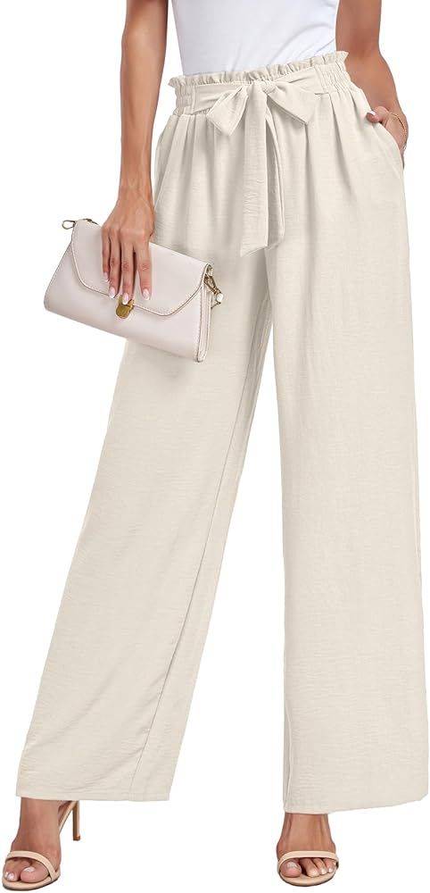 Womens Wide Leg Pants Flowy Palazzo High Waisted Work Casuals Lounge Pants with Pockets | Amazon (US)