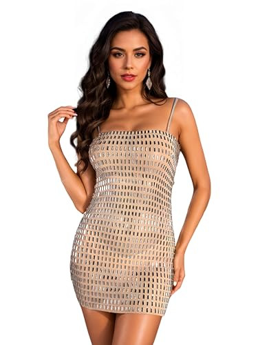Figdaw Rhinestone Embellished Dress for Women Sexy,Birthday,Cocktail Party,Prom,Galas,Sequin Bodycon Dresses,Adjustable Straps(Beige,S,C7243) | Amazon (US)