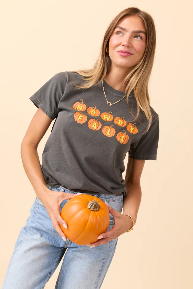 Howdy Fall Pumpkin Dark Grey Graphic Tee | Pink Lily