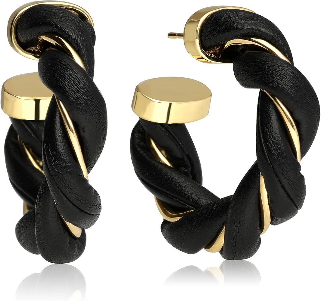 Gold Plated Twisted Faux Leather Earrings For Women, Chunky Earrings For Girls Unique Spiral Earr... | Amazon (US)