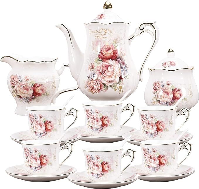 fanquare 15 Pieces Porcelain Vintage Tea Set,Rose Flowers Tea Party Set for Women,Adults,China Co... | Amazon (US)