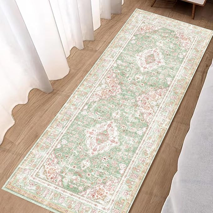 Vhong Washable Area Rugs Boho Vintage Modern Neutral Small Carpet Green and Pink High Traffic Rug... | Amazon (US)