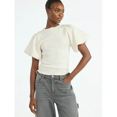 Scoop Women's and Women's Plus Sequin Sweater Top with Puff Sleeves, Lightweight, Sizes XS-4X | Walmart (US)