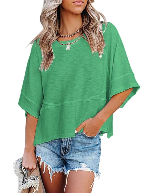 Women's Summer Casual Crewneck Batwing Half Sleeve T-Shirts Solid Color Loose Fit Cute Basic Flow... | Amazon (US)