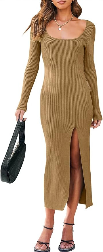 ANRABESS Women's Long Sleeve Square Neck Slit Bodycon Sweater Dress Ribbed Knit Slim Fit Maxi Lon... | Amazon (US)