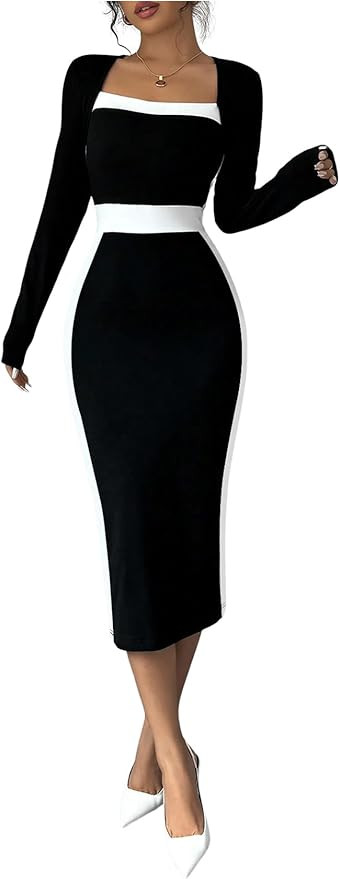 SOLY HUX Women's Midi Dress Color Block Square Neck Long Sleeve Bodycon Dresses | Amazon (US)