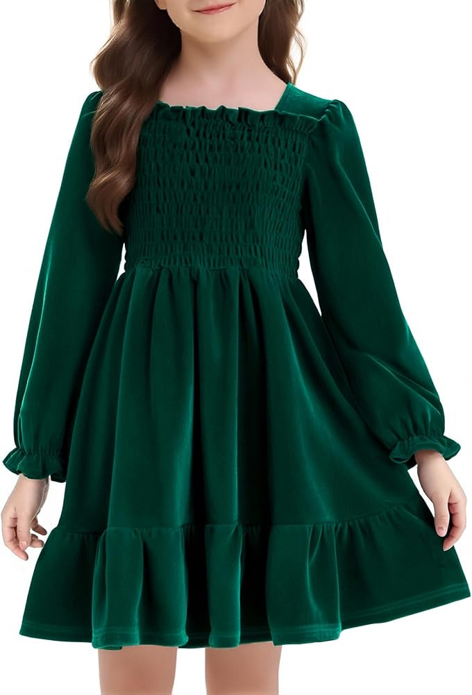 Girls Long Sleeve Dress Velvet Square Neck Midi Fall Winter Long Sleeve Vintage Plain Dress 4-12Y | Amazon (US)