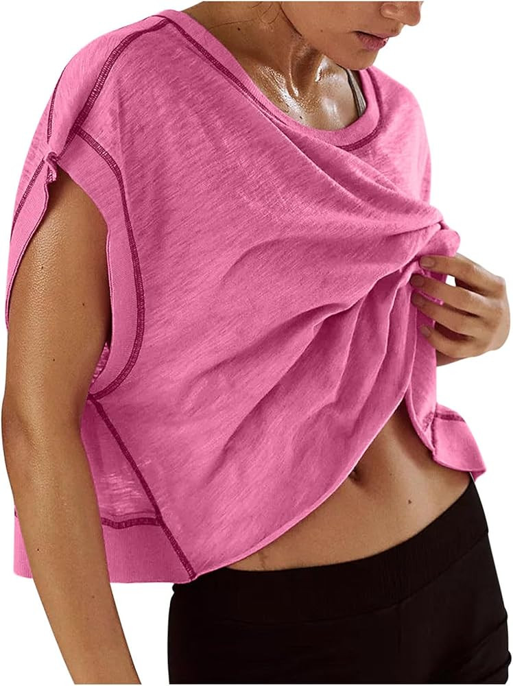 Open Back Tops for Women Workout Crop Tops Short Sleeve Casual Backless Gym Yoga Shirts Loose Fit... | Amazon (US)