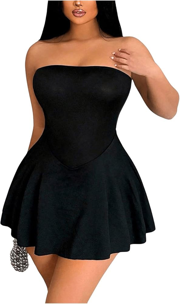 SOLY HUX Women's Strapless Sleeveless Tube Dress A Line Ruffle Hem Mini Dresses | Amazon (US)