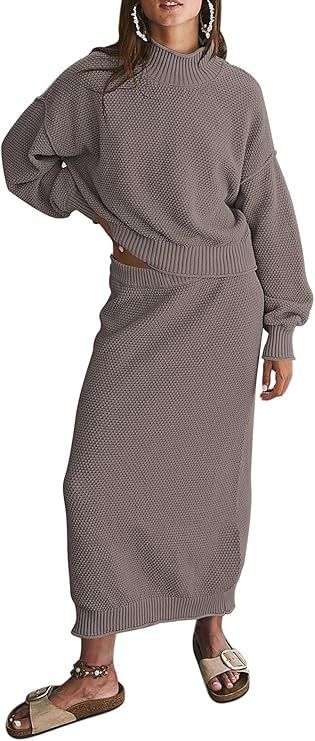 Pink Queen Women's 2 Piece Sweater Set Outfits Long Sleeve Oversized Top Bodycon Maxi Long Skirt ... | Amazon (US)