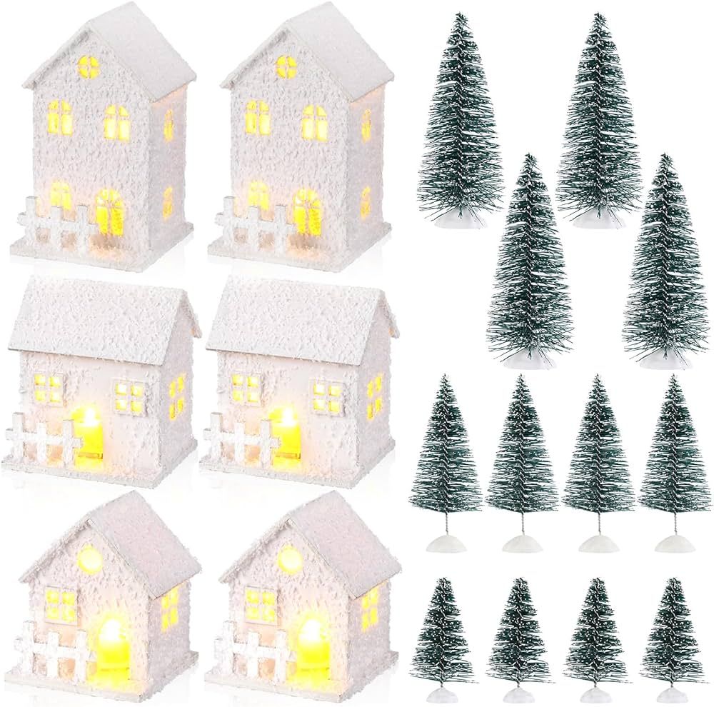 Xinnun 18 Pcs Christmas Village House Set Includes 6 Pcs Led Mini Christmas Village Houses 12 Pcs... | Amazon (US)