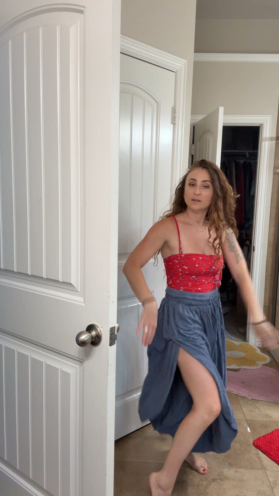 Small in one piece swimmy 
Xs in pants