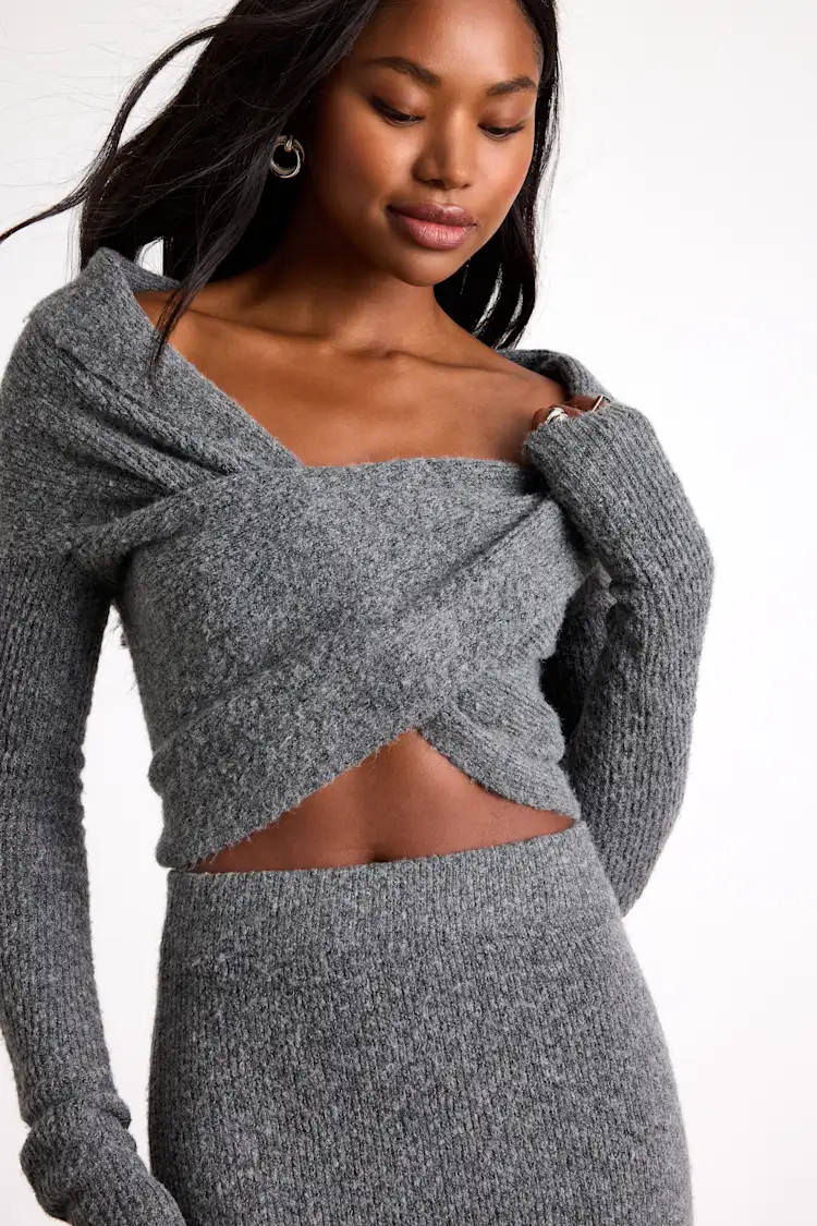 Alfina Grey Knit Cross-Front Cropped Sweater Top | Lulus