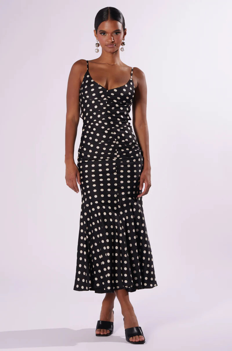 AKIRA Nancy Satin Polka Dot Midi Dress | Black | Size Large | AKIRA