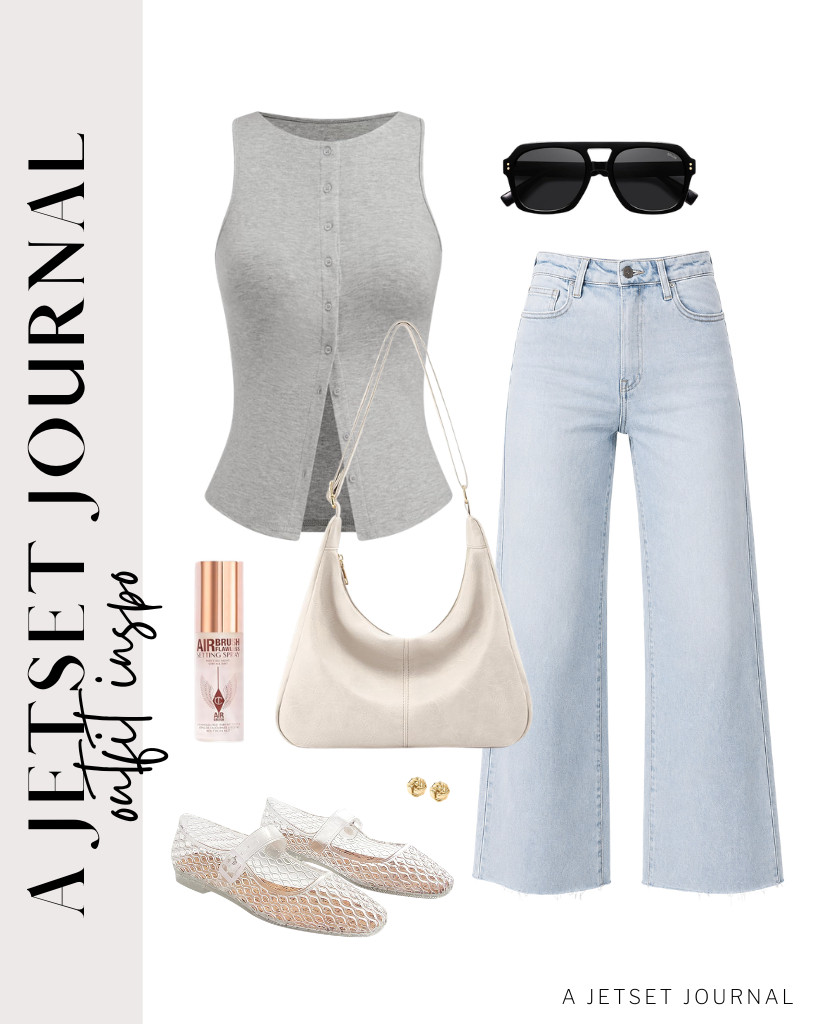 First outfit pairs a gray CIDER button-down tank top with Allimy wide-leg jeans. This relaxed fit pairs well with jelly ballet flats and this stylish bag. Add these thick polarized sunglasses and your love knot stud earrings to finish the fit. 

#LTKSeasonal #LTKSaleAlert #LTKTravel
 

 
