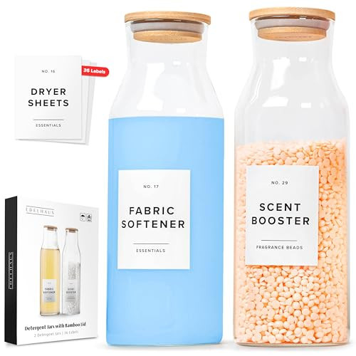 Glass Laundry Detergent Dispenser Containers with 36 Labels - Glass Jars with Lids - Laundry Room Organization - Storage Containers for Detergent, pods, liquid Fabric softener, Scent Booster Set of 2 | Amazon (US)