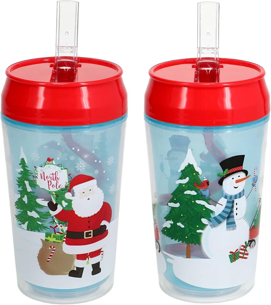 Double Wall Christmas Holiday Themed 12-oz Plastic Tumblers with Flip-Up Straws - Winter Wonderla... | Amazon (US)