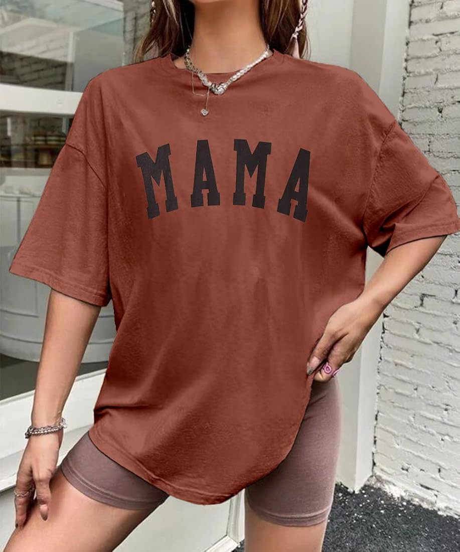 Mama Shirts for Women Funny Mama Letter Printed T-Shirt Retro Graphic Short Sleeve Casual Tee Tops | Amazon (US)