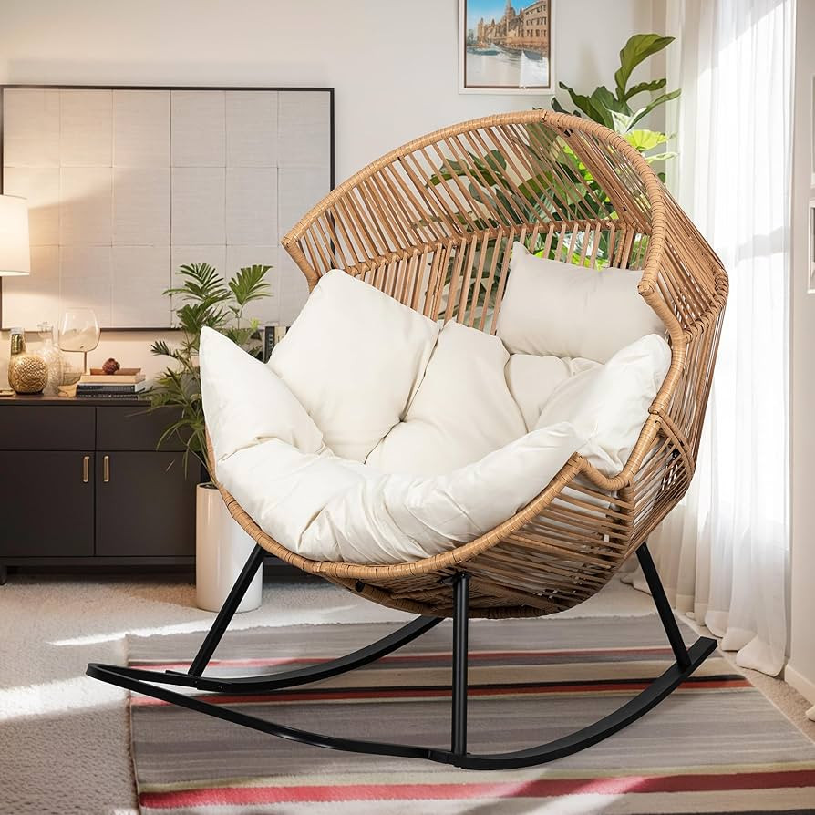 Vongrasig Wicker Egg Chair PE Rattan Rocking Chair with Cushion, Oversized Patio Lounge Rocker Ch... | Amazon (US)