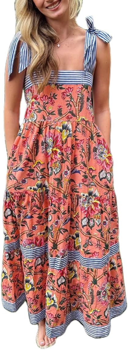 Women Summer Boho Maxi Dress Floral Tie Shoulder Flowy Long Dress Square Neck Ruffle Tiered Beach... | Amazon (US)