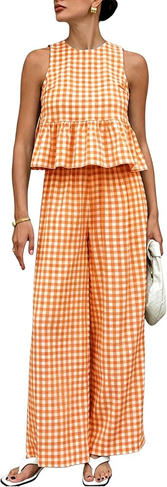Tanming Women's 2 Piece Set Outfits Gingham Plaid Tank Tops Wide Leg Pants Matching Lounge Sets | Amazon (US)