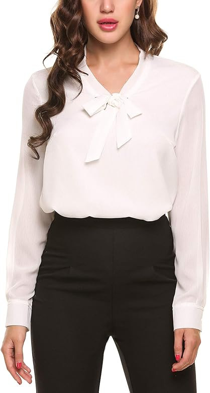 ACEVOG Womens Bow Tie Neck Long/Short Sleeve Casual Office Work Chiffon Blouse Shirts Tops | Amazon (US)