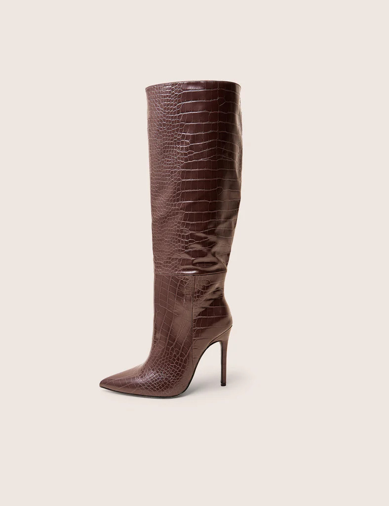 Nova Chocolate Brown Croc Knee High Stiletto Boots | Public Desire