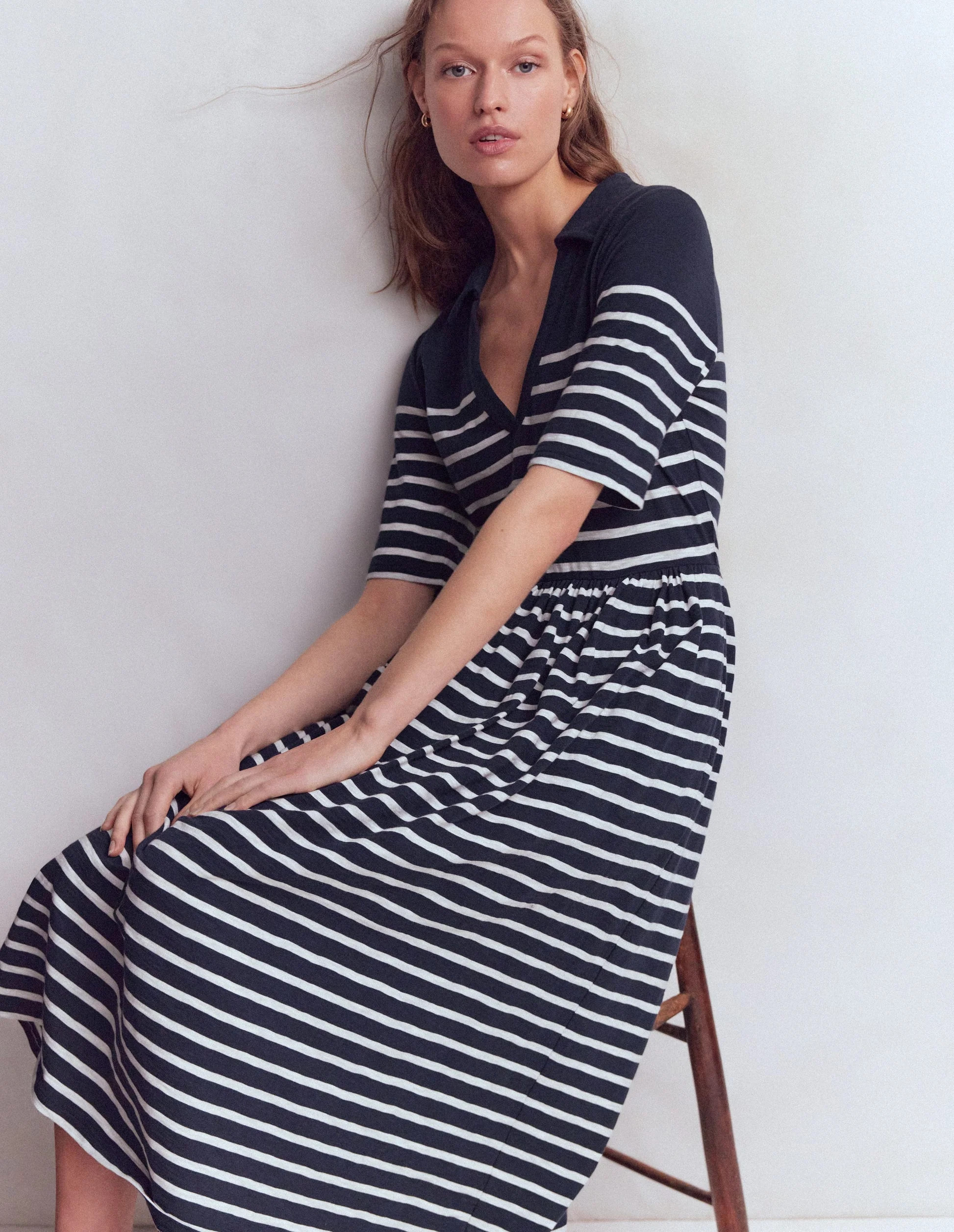 Aria Collared Jersey Dress-Navy, Ivory Stripe | Boden (US)