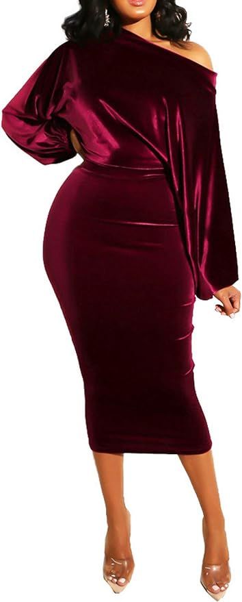 Sexy Bodycon Midi Dress for Womens Long Sleeve Velvet One Shoulder Pencil Fit Slim Dresses | Amazon (US)