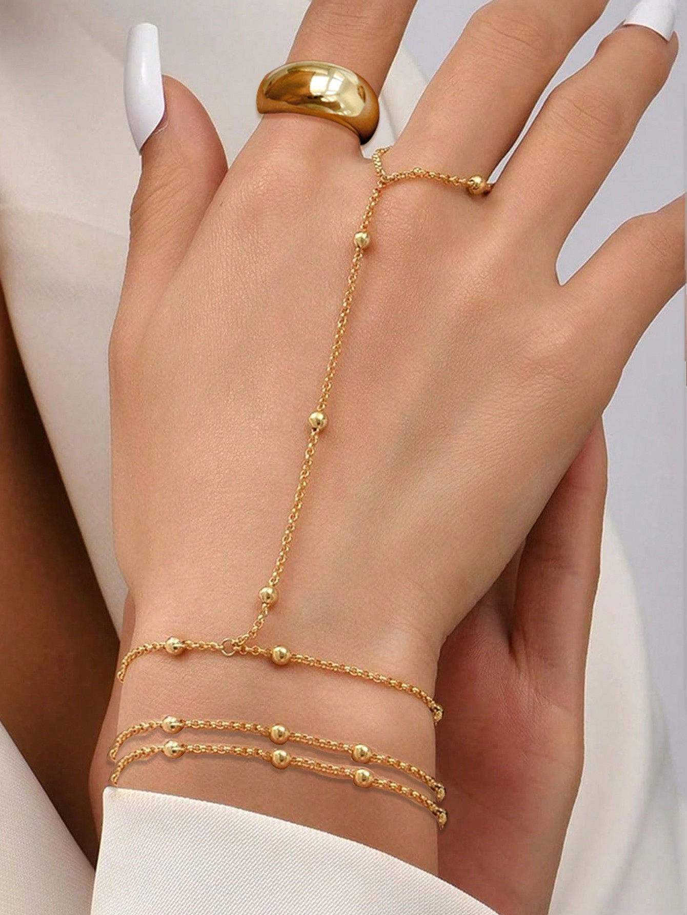 3PCS Trendy Summer Jewelry Set,Golden  Ring And Multi-Layered Bracelet And Finger Ring Hand Chain... | SHEIN