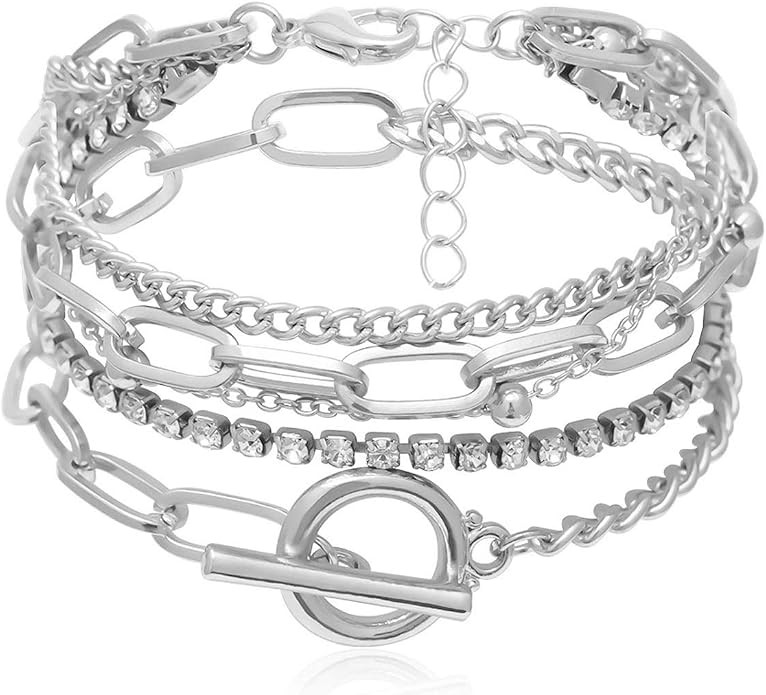 Layered Chunky Chain Lock Pendant Bracelets Statement Bohemian Adjustable Toggle Crystal Charm Wr... | Amazon (US)