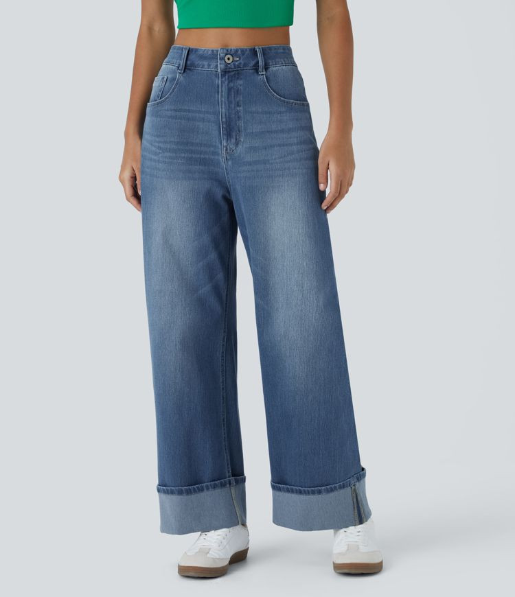 Women’s HalaraMagic™ High Waisted Multiple Pockets Rolled Hem Wide Leg Washed Stretchy Knit C... | HALARA