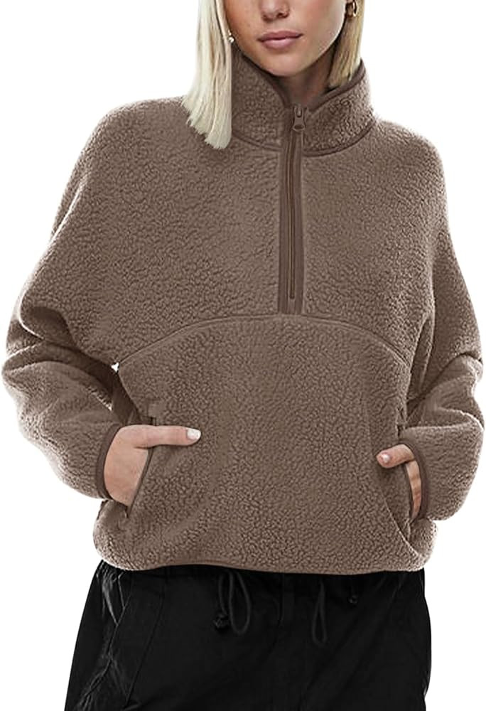 LASLULU Womens Half Zip Pullover Cropped Sweatshirts Sherpa Fleece Jacket Fuzzy Sweaters Cute Win... | Amazon (US)
