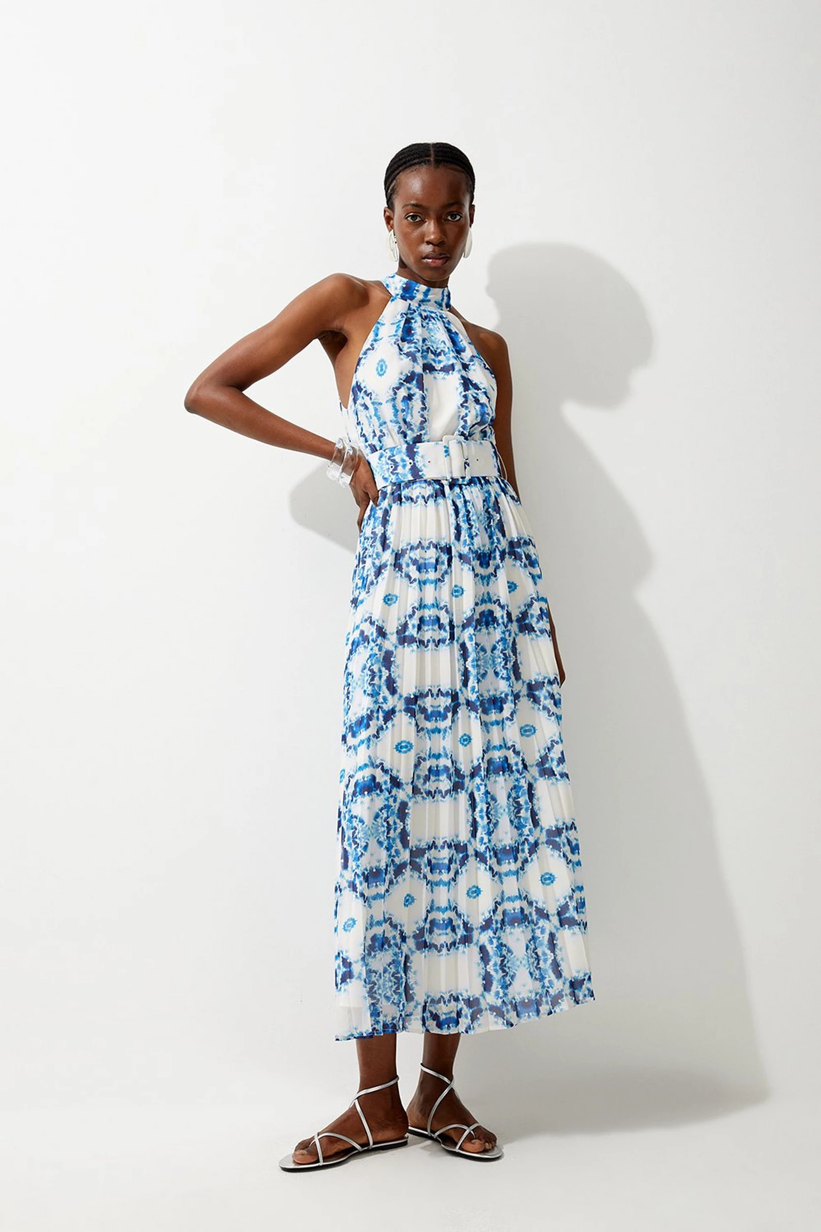 Abstract Tile Georgette Belted Pleated Midi Dress | Karen Millen US