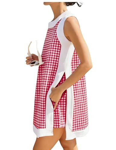 Bankeng Women's 2 Piece Sets Casual Color Block Crewneck Sleeveless Plaid Pullover Tops Matching Shorts with Pockets(Red,XS) | Amazon (US)